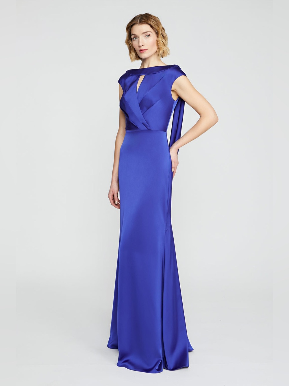 Theia Zaria Cowl Back Blue Satin Draped Maxi Gown
